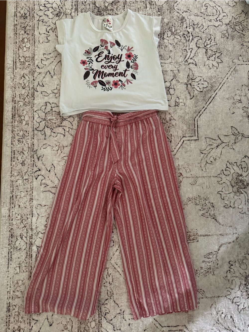 Kids White Floral 'Enjoy Every Moment' Top & Pink Striped Set